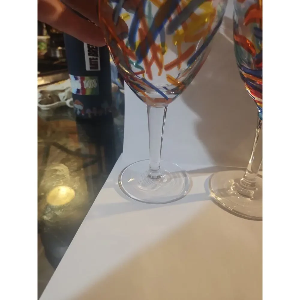 2 Pier 1 Imports Multicolor Confetti Hand Blown Art Glass Wine Goblets 8